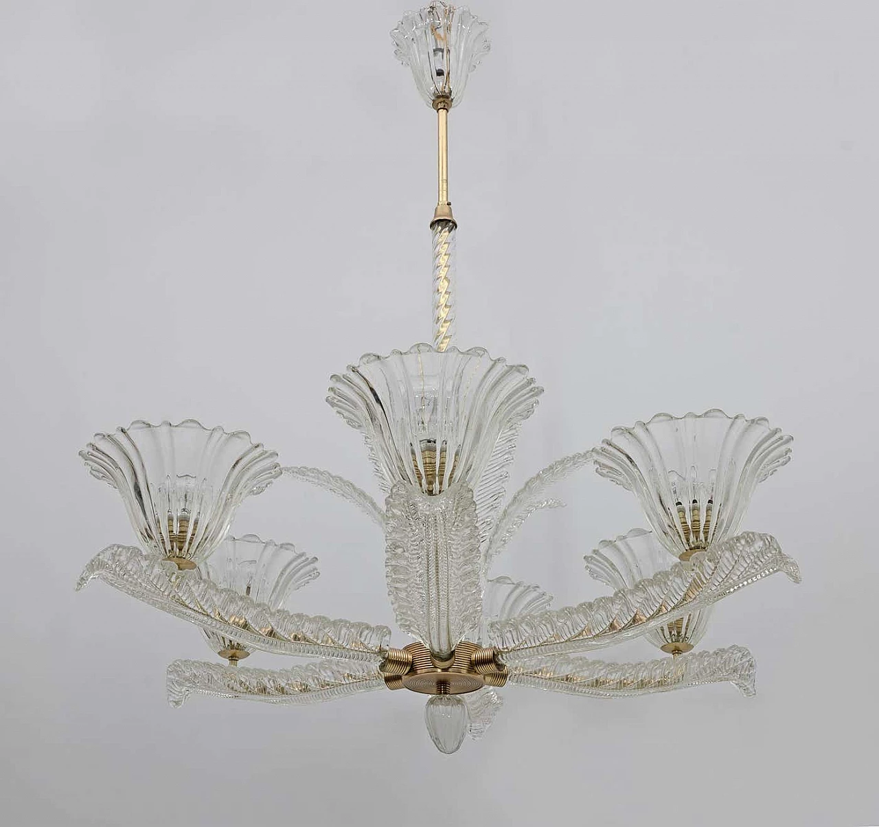 Art Deco Murano glass and brass chandelier by Ercole Barovier, 1930s 3