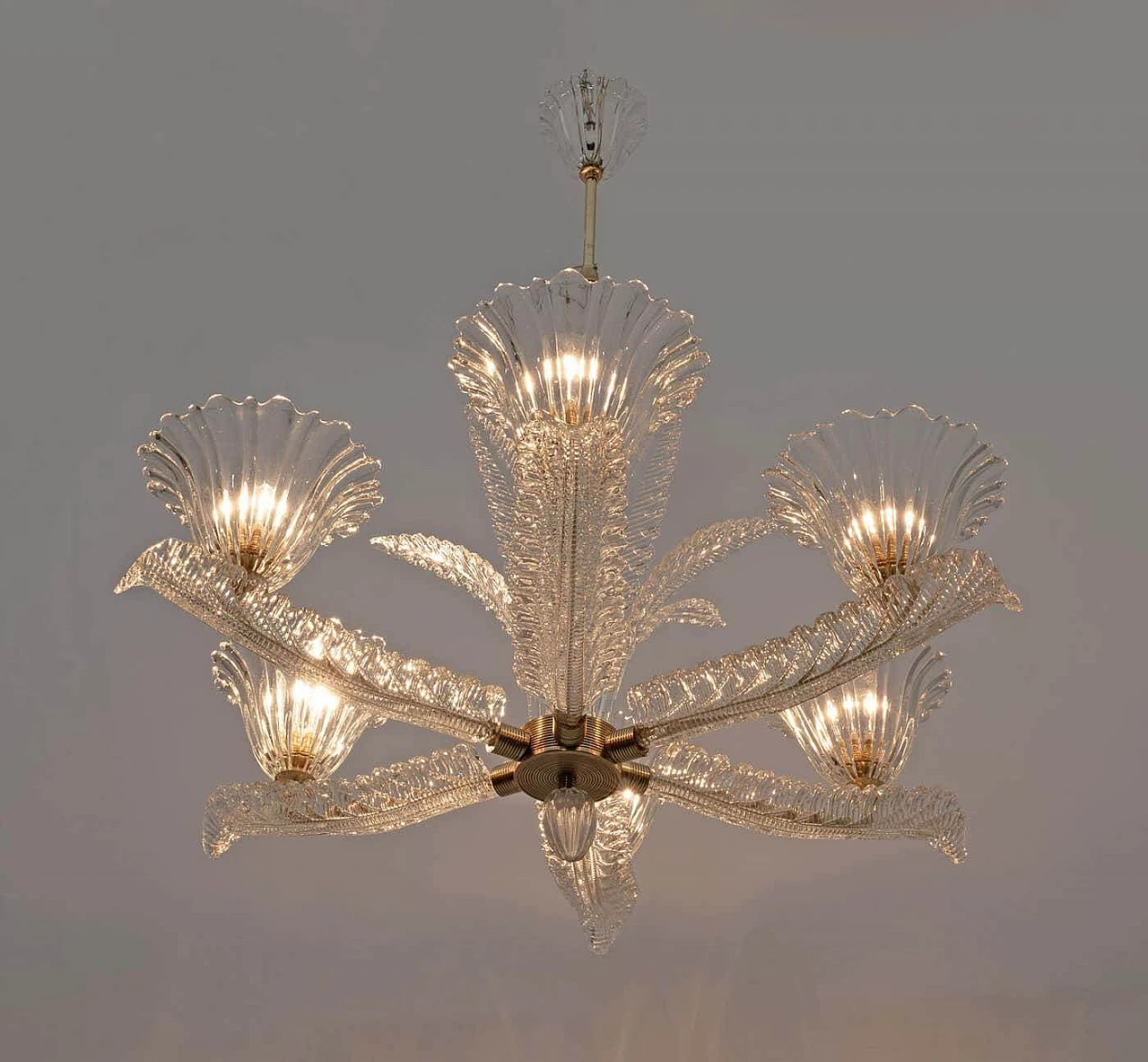 Art Deco Murano glass and brass chandelier by Ercole Barovier, 1930s 4