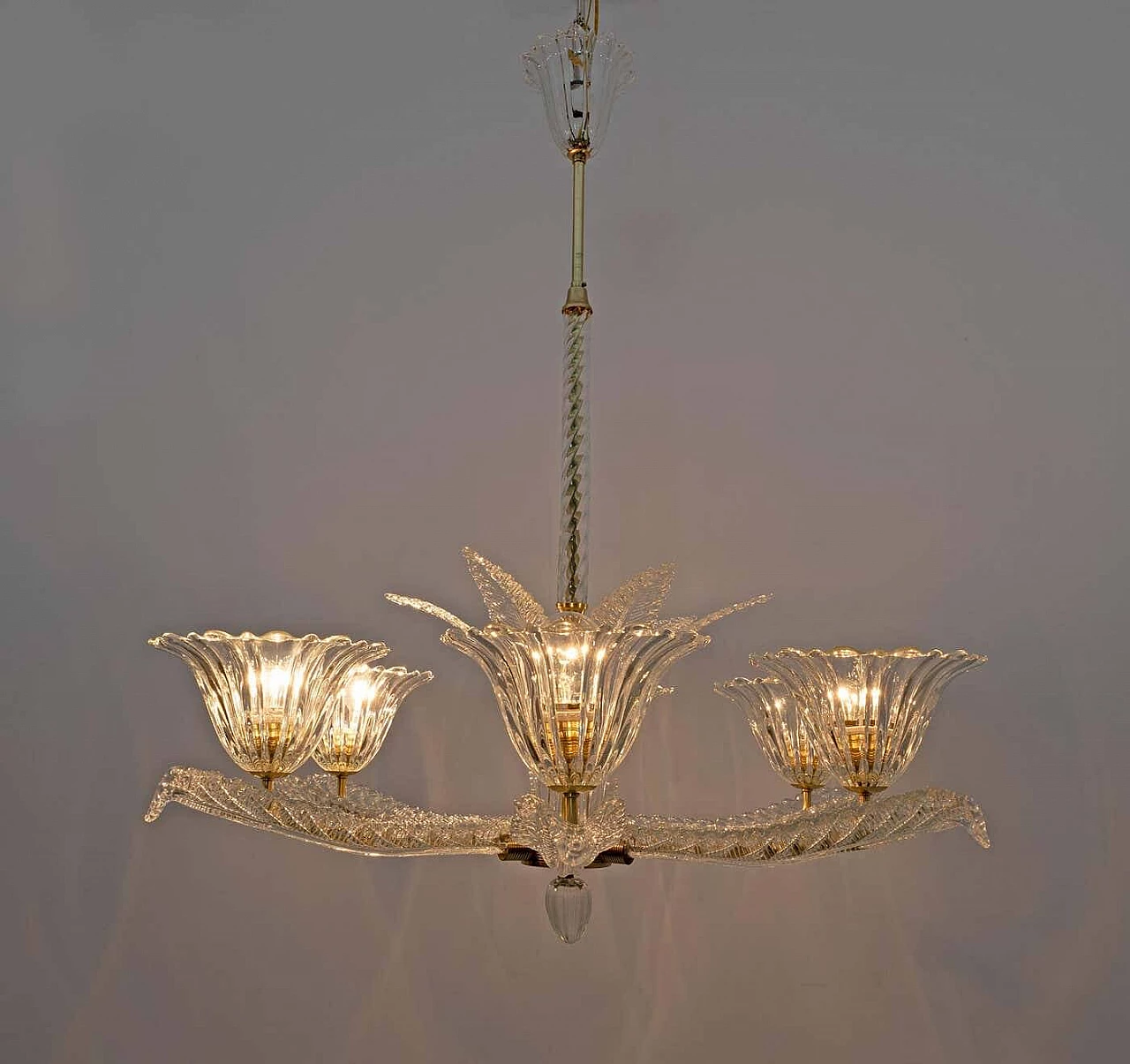Art Deco Murano glass and brass chandelier by Ercole Barovier, 1930s 5