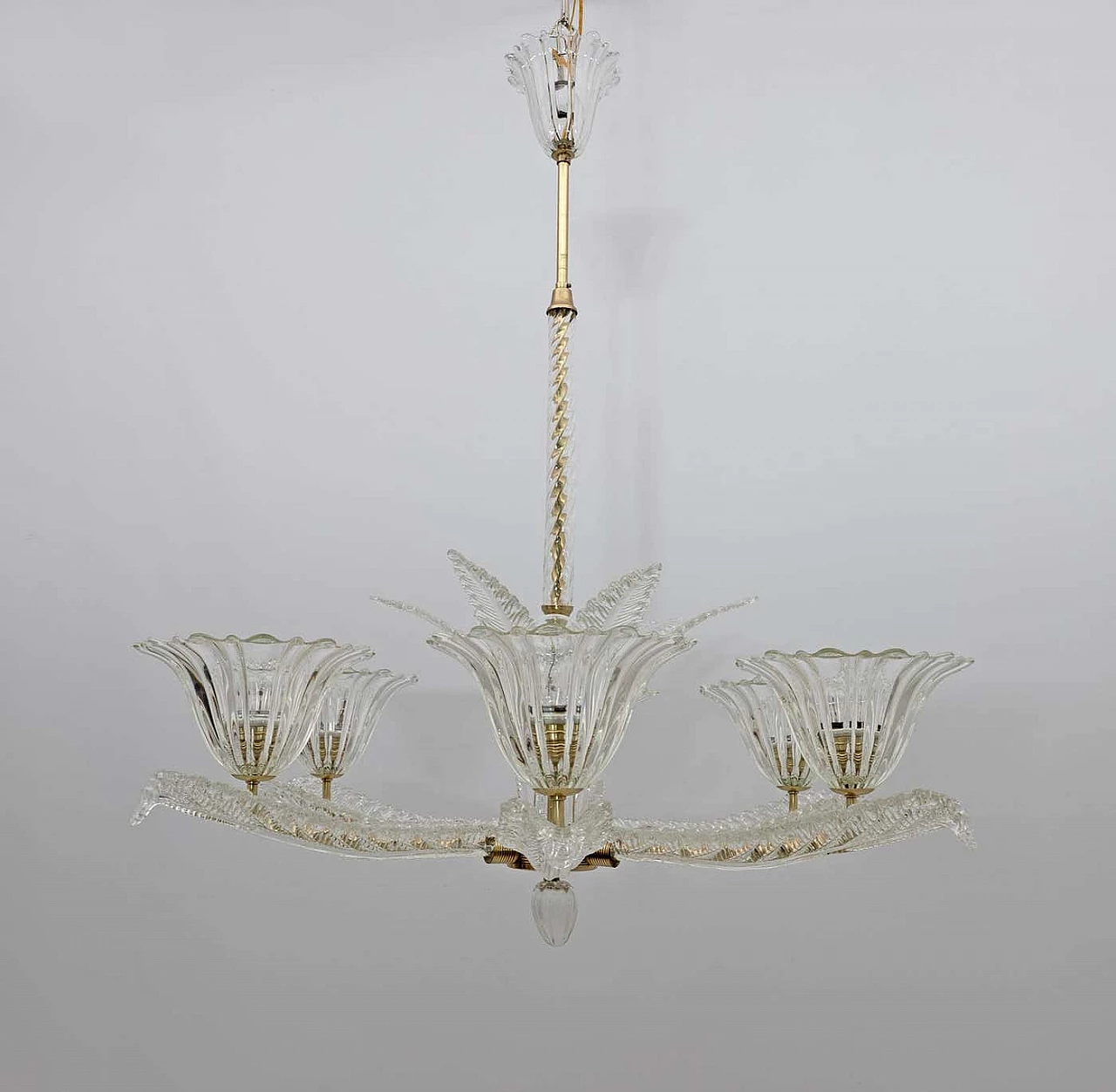 Art Deco Murano glass and brass chandelier by Ercole Barovier, 1930s 6