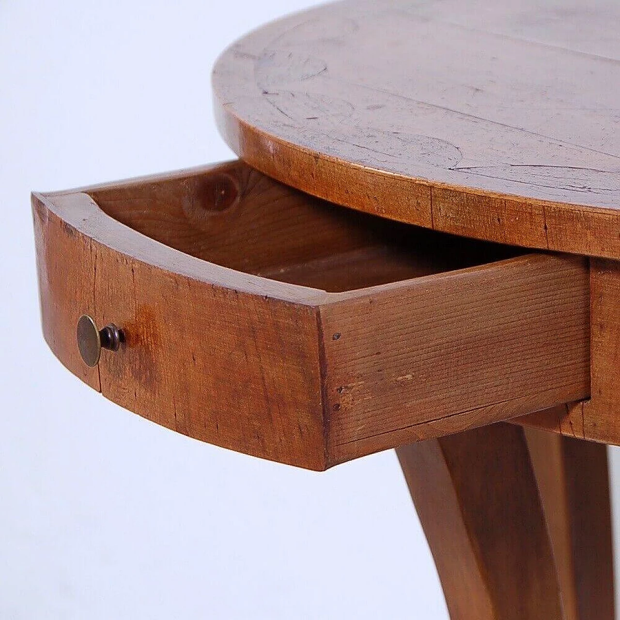 Walnut-root crescent-shaped console table with sabre legs, early 20th century 11