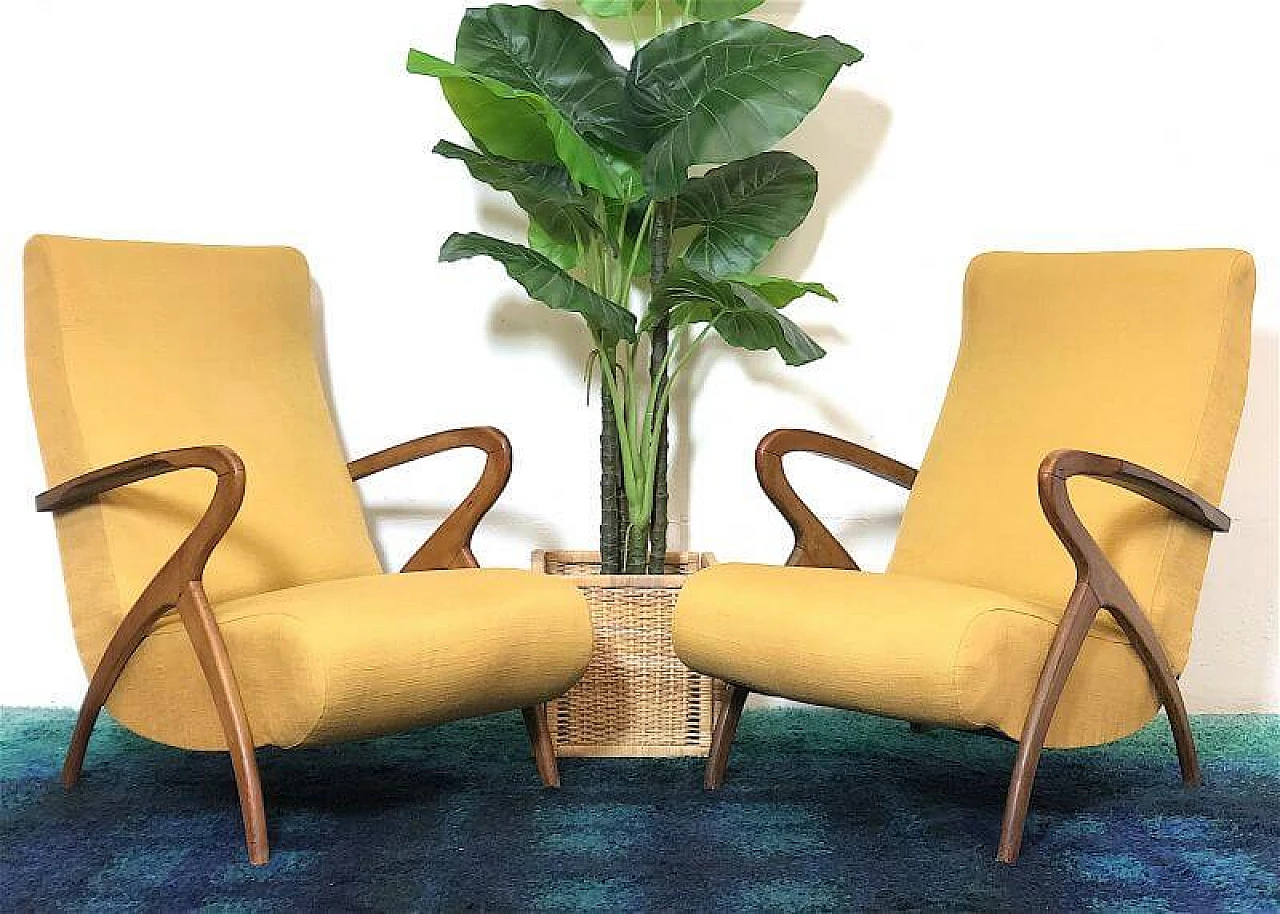 Pair of beechwood and yellow fabric armchairs by Paolo Buffa, 1940s 1