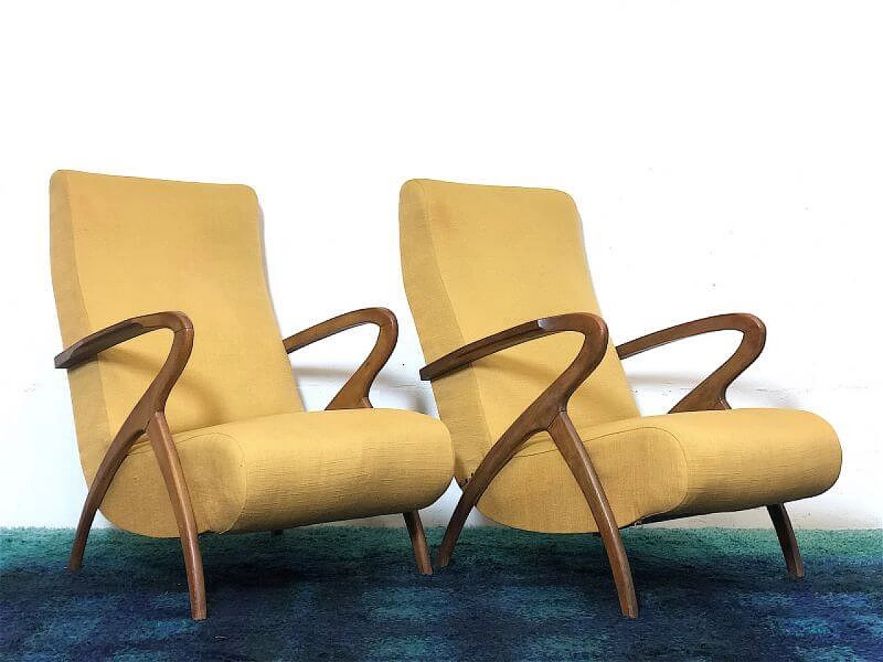 Pair of beechwood and yellow fabric armchairs by Paolo Buffa, 1940s 2