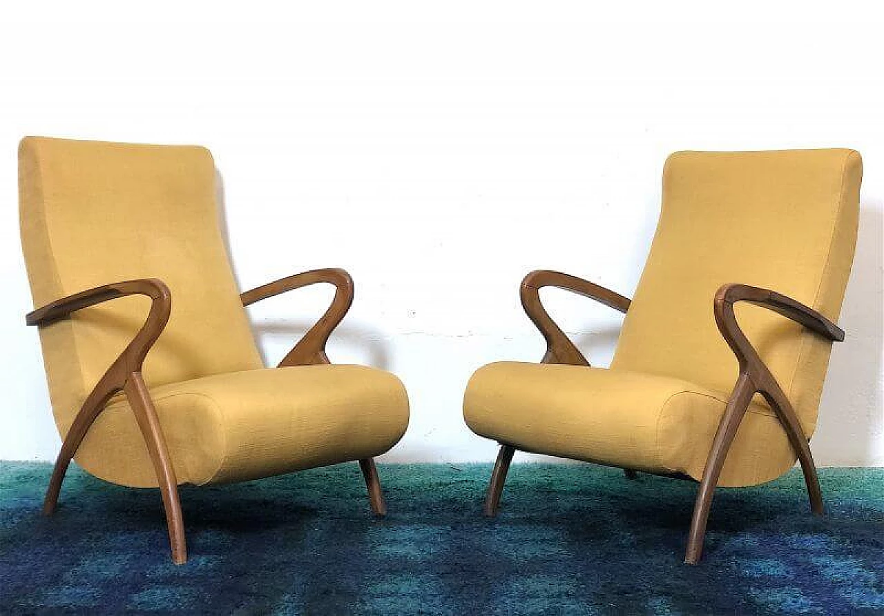 Pair of beechwood and yellow fabric armchairs by Paolo Buffa, 1940s 3