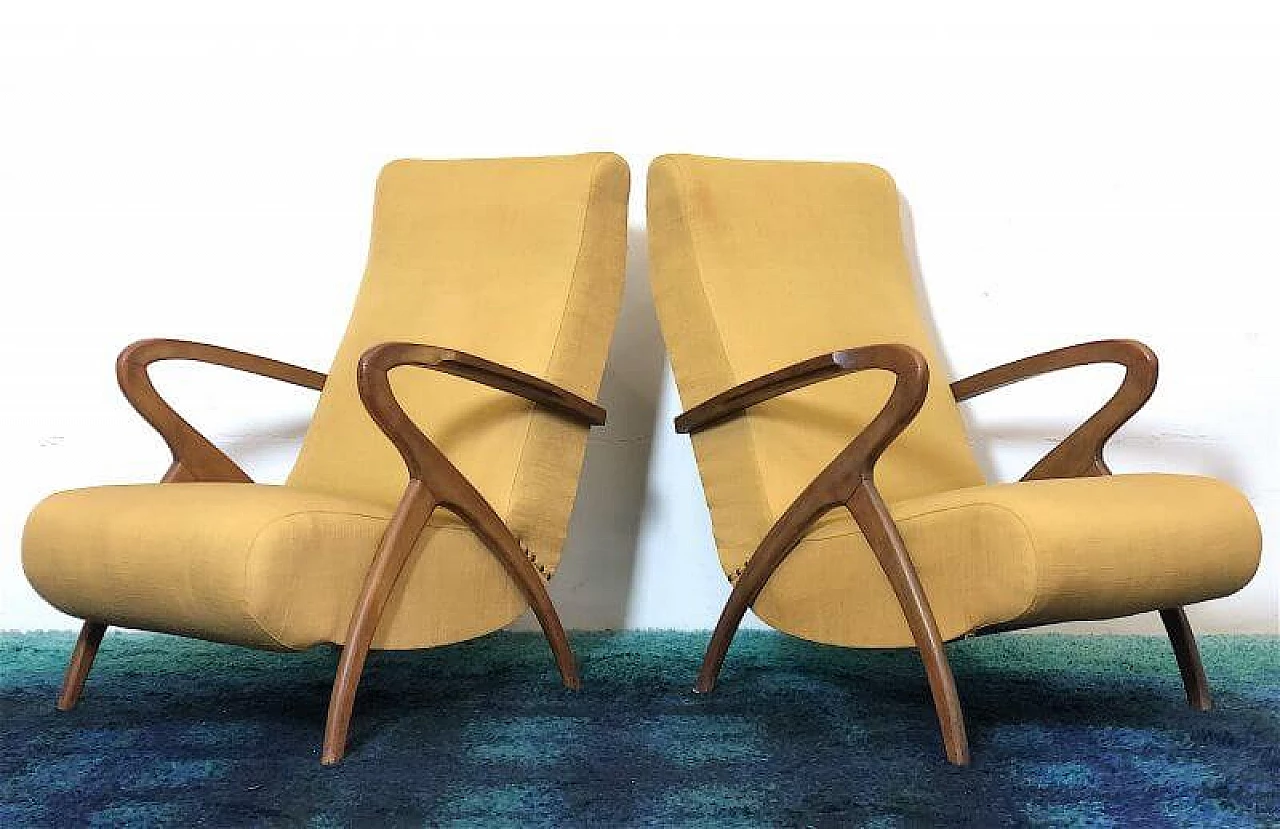 Pair of beechwood and yellow fabric armchairs by Paolo Buffa, 1940s 6