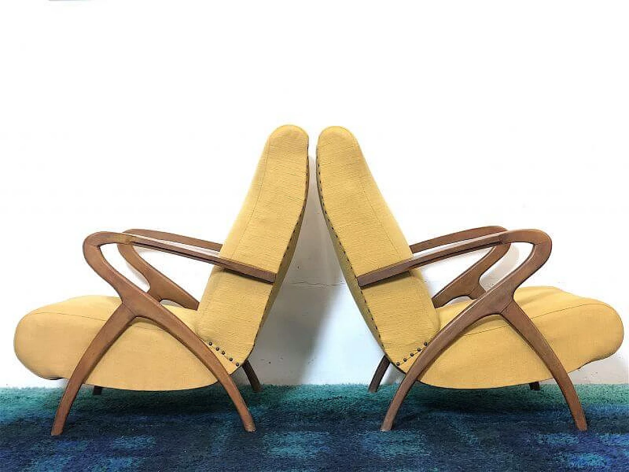 Pair of beechwood and yellow fabric armchairs by Paolo Buffa, 1940s 7