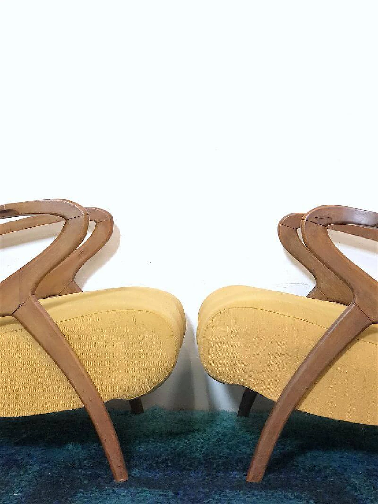 Pair of beechwood and yellow fabric armchairs by Paolo Buffa, 1940s 15