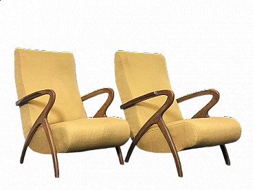 Pair of beechwood and yellow fabric armchairs by Paolo Buffa, 1940s