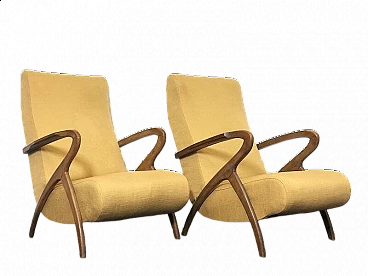 Pair of beechwood and yellow fabric armchairs by Paolo Buffa, 1940s