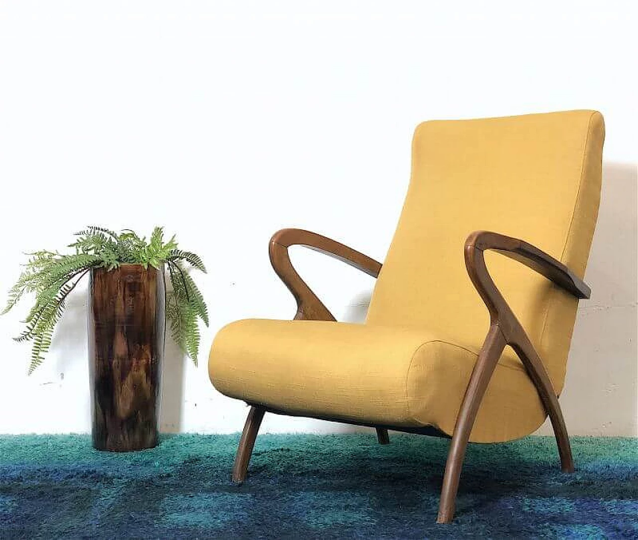 Wooden and yellow fabric armchairs by Paolo Buffa, 1940s 1
