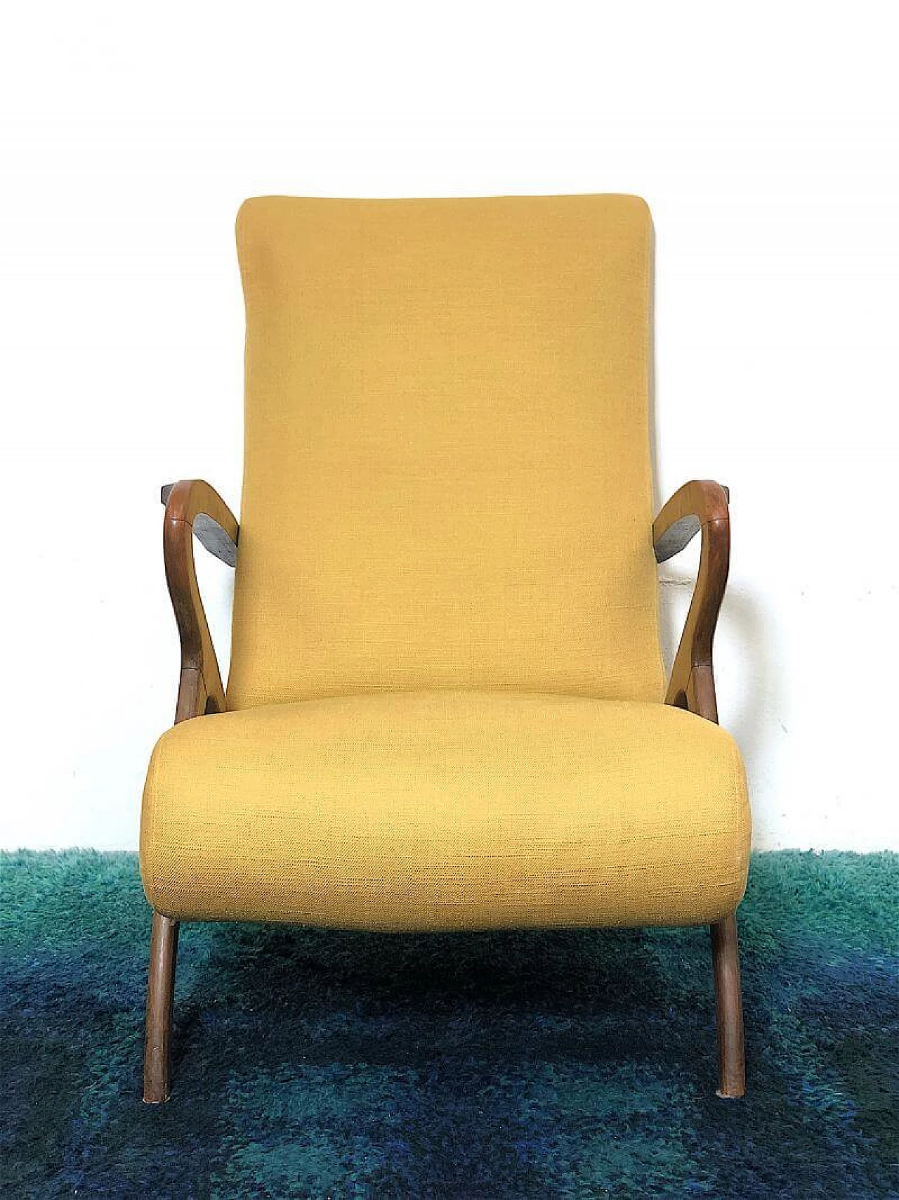 Wooden and yellow fabric armchairs by Paolo Buffa, 1940s 3