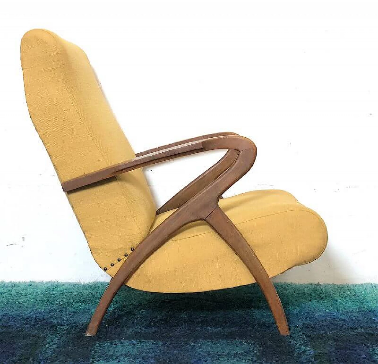Wooden and yellow fabric armchairs by Paolo Buffa, 1940s 7