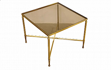 Tavolino quadrato in ottone con piano in vetro fumé, anni '70
