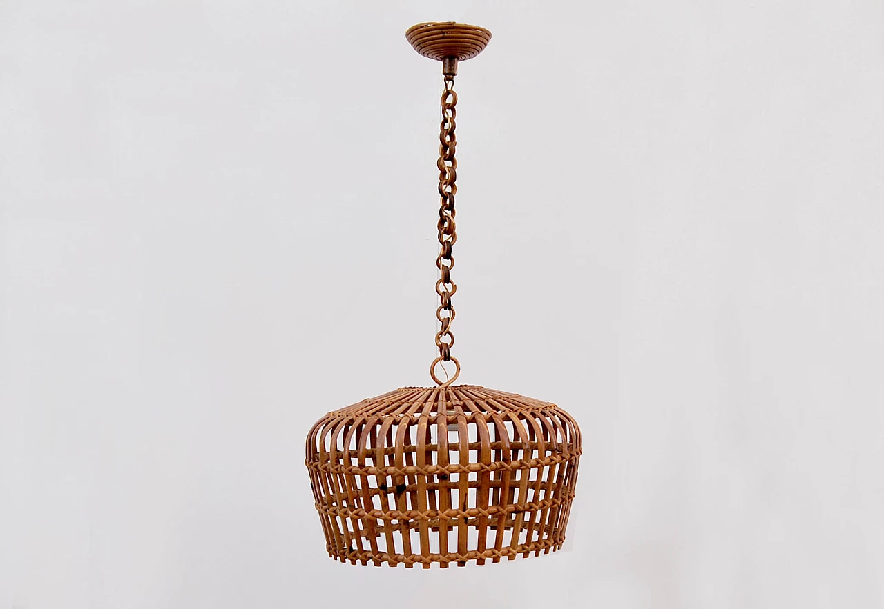 Round bamboo and wicker chandelier, 1960s 1