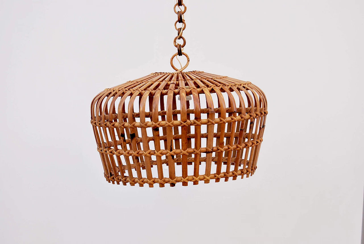 Round bamboo and wicker chandelier, 1960s 2