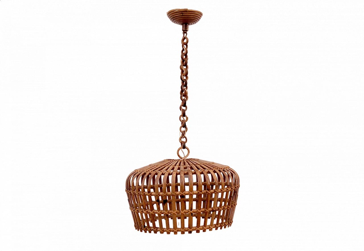 Round bamboo and wicker chandelier, 1960s 5