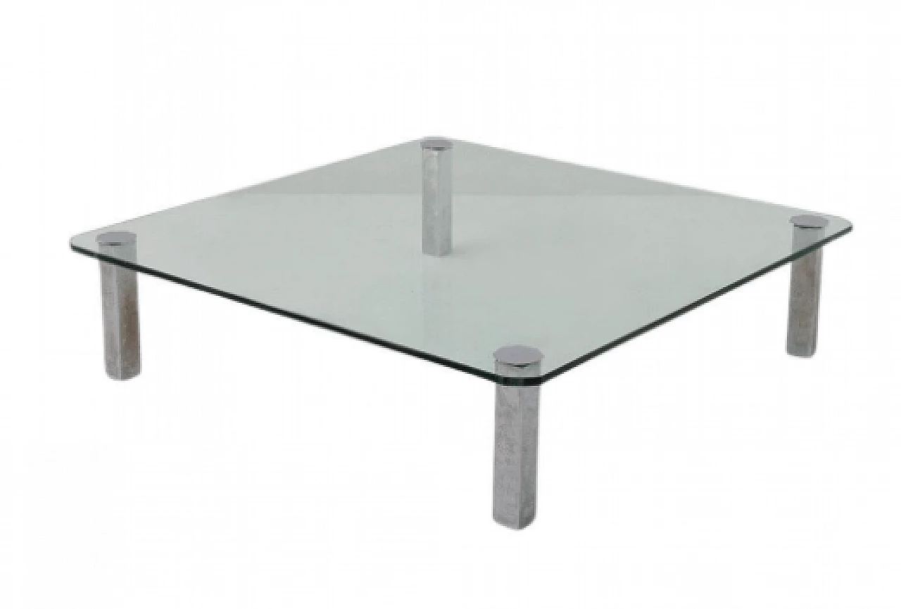 Square glass and steel coffee table, 1970s 1