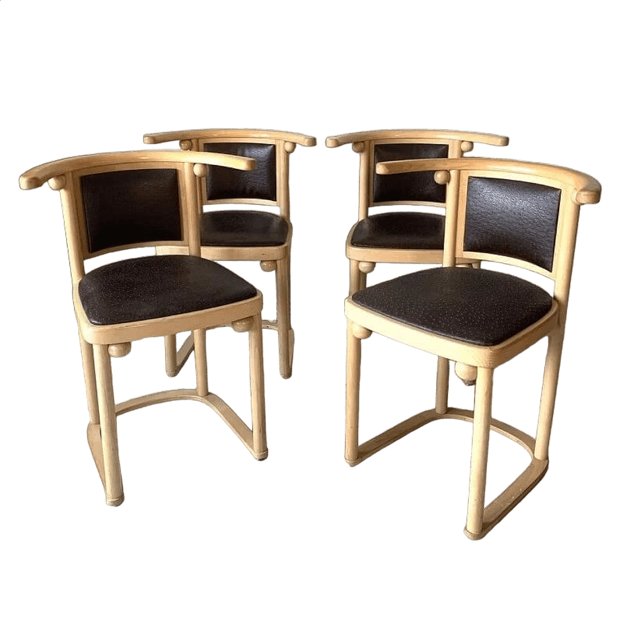 4 Fledermaus wood and brown leather chairs by Josef Hoffmann for Alivar, 1980s 10