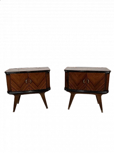 Pair of wood, brass and pink glass bedside tables, 1960s