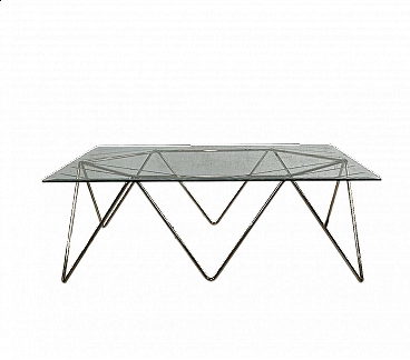 Brass and glass coffee table with geometric base, 1970s
