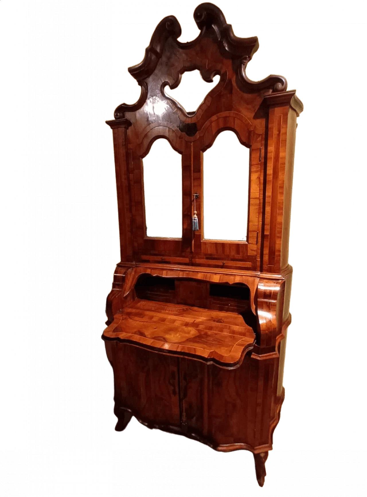 Trumeau a doppio corpo lastronato in noce e radica di noce, '800 5