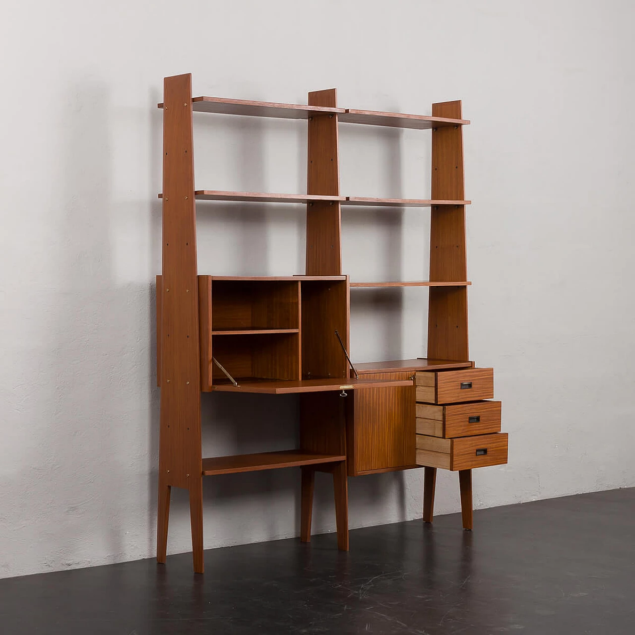 Mahogany and teak bookcase with flap compartment, 1970s 4
