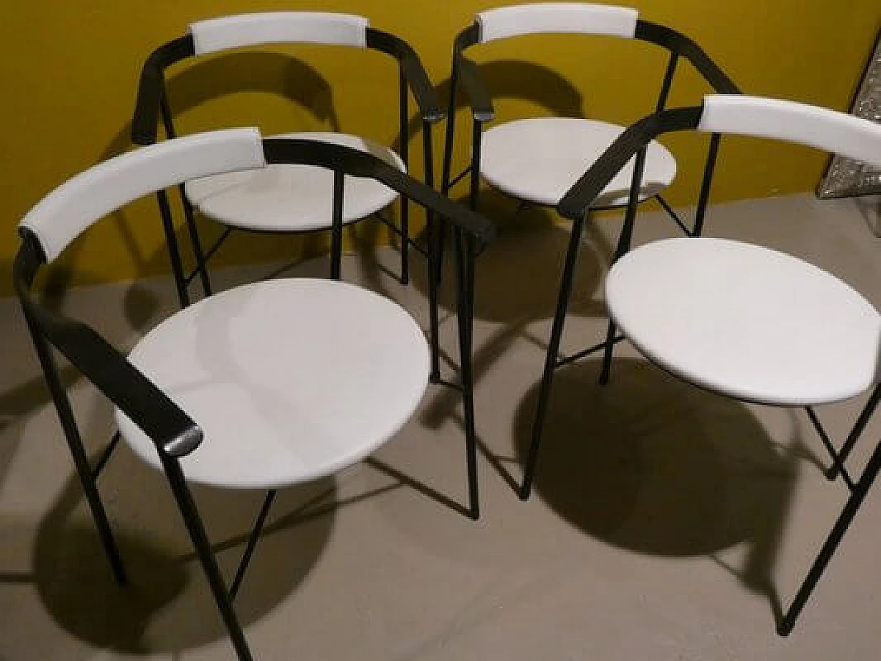 4 Armchairs in black metal and white skai, 1980s 9