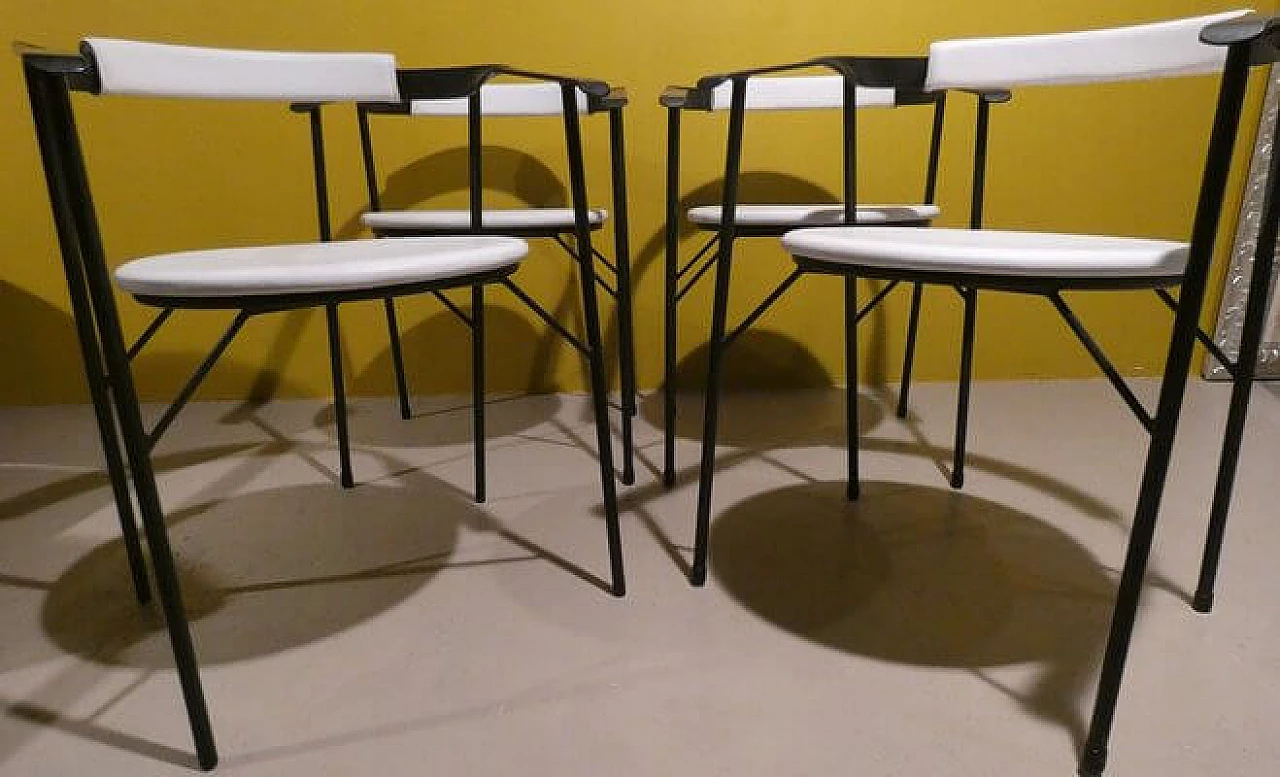 4 Armchairs in black metal and white skai, 1980s 10
