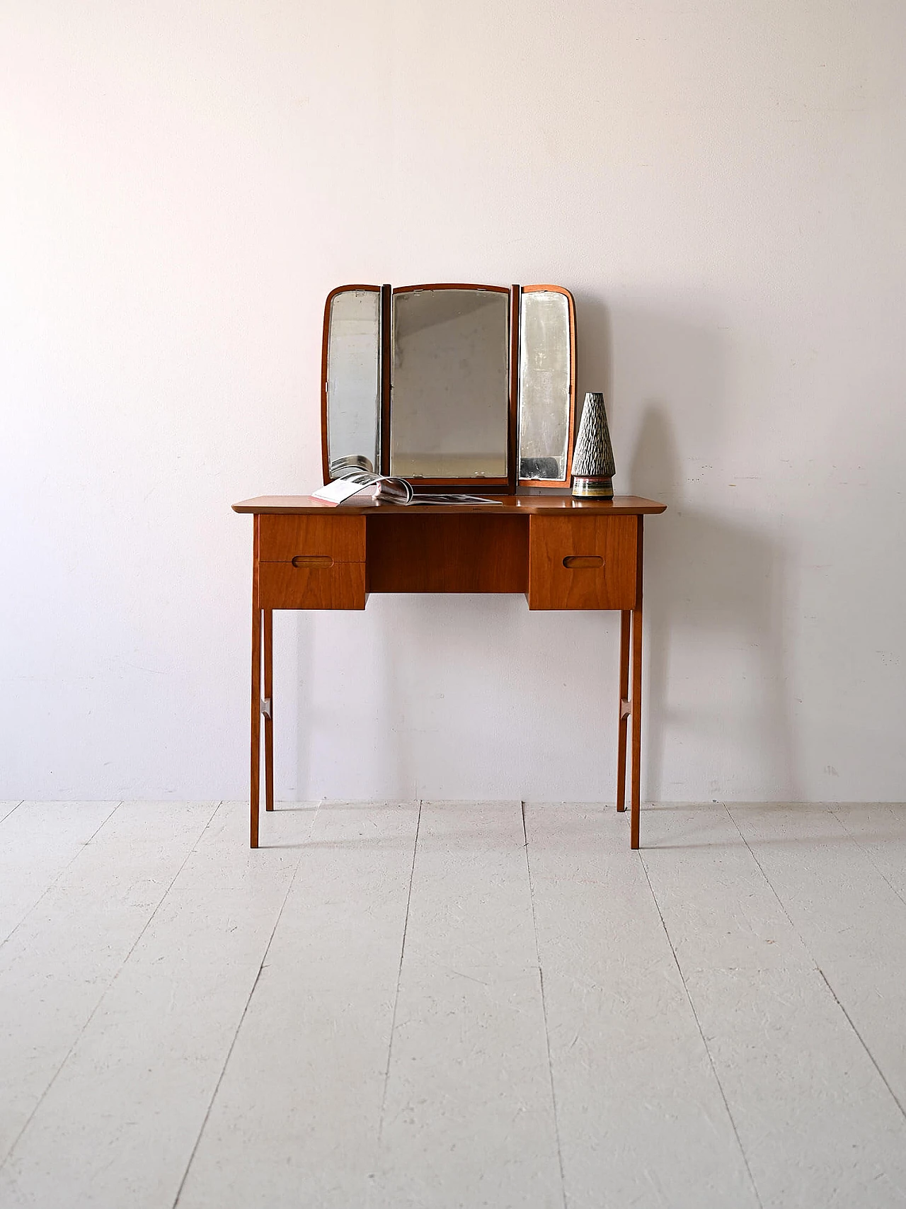 Scandinavian wood vanity table with folding mirror, 1960s 2