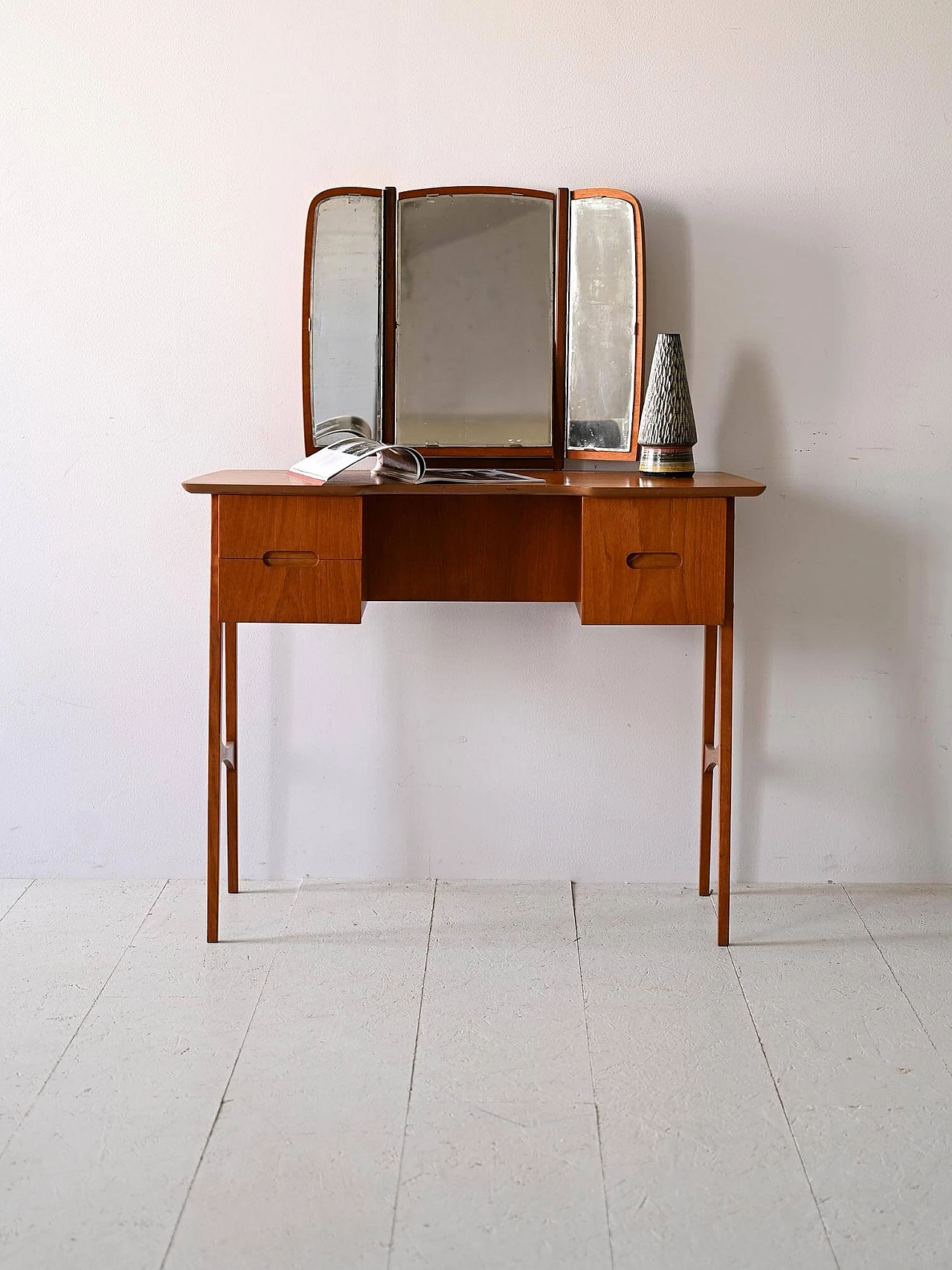 Scandinavian wood vanity table with folding mirror, 1960s 3