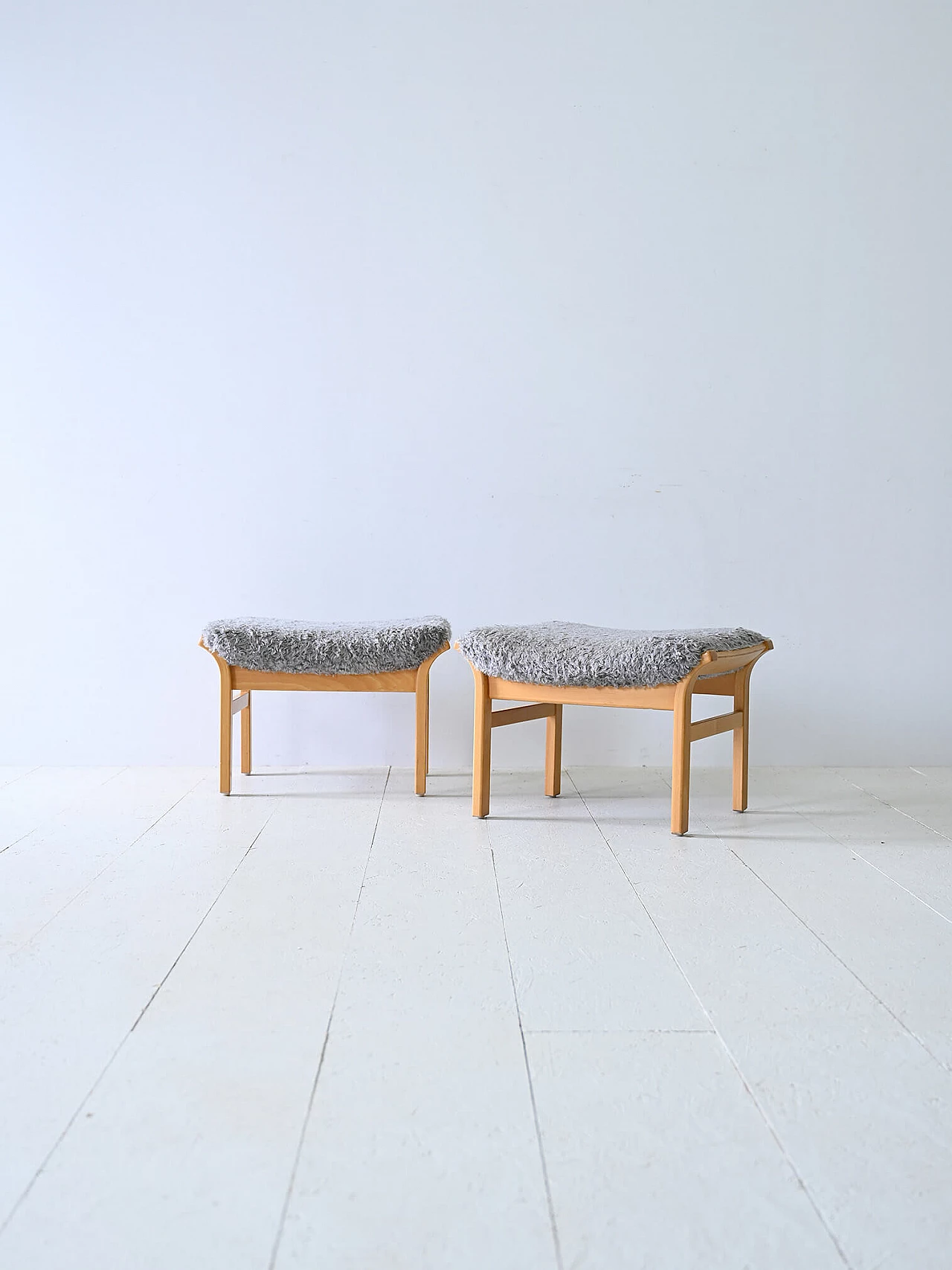 Pair of Scandinavian wood and long pile fabric stools, 1960s 1