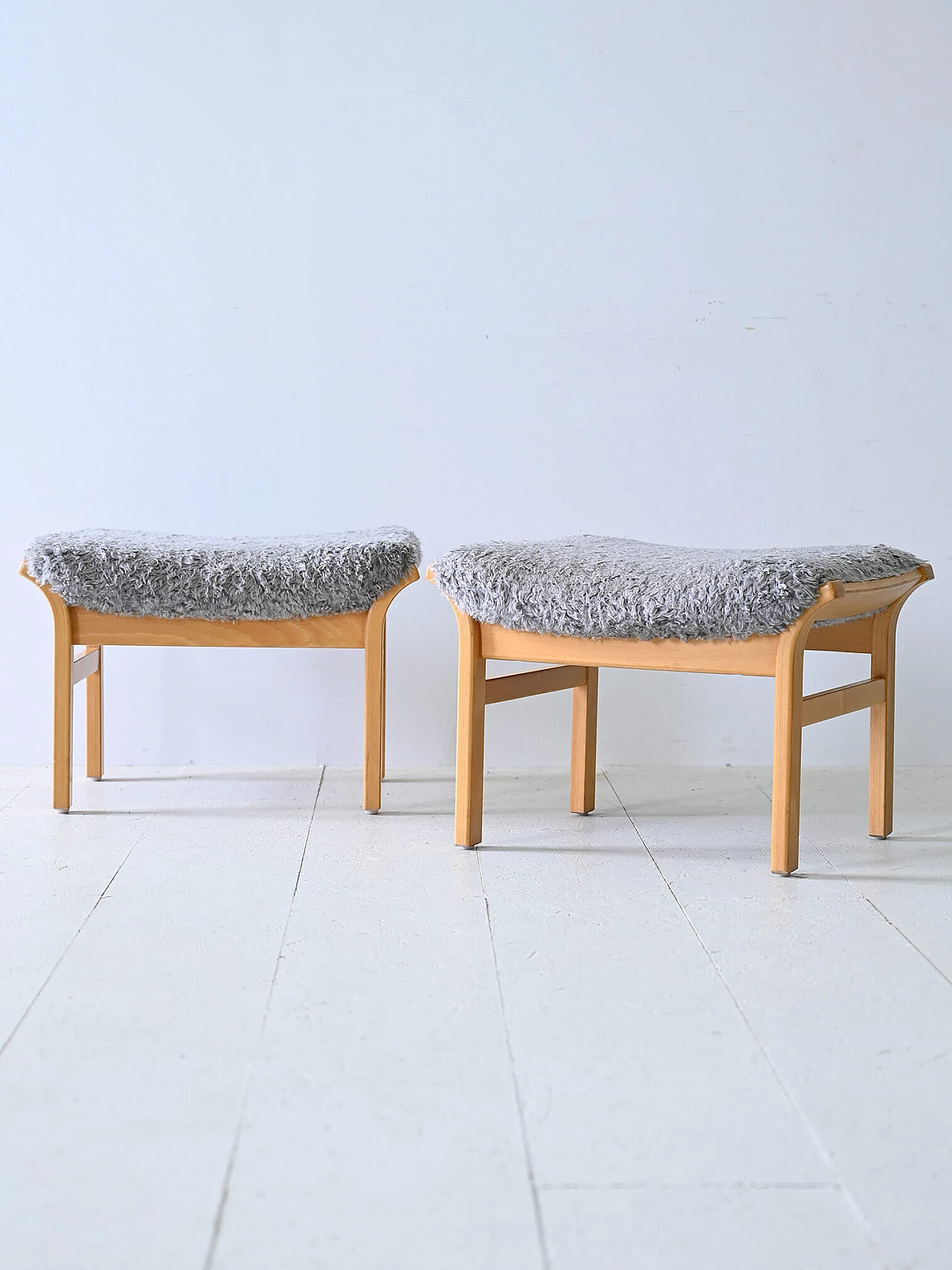 Pair of Scandinavian wood and long pile fabric stools, 1960s 2