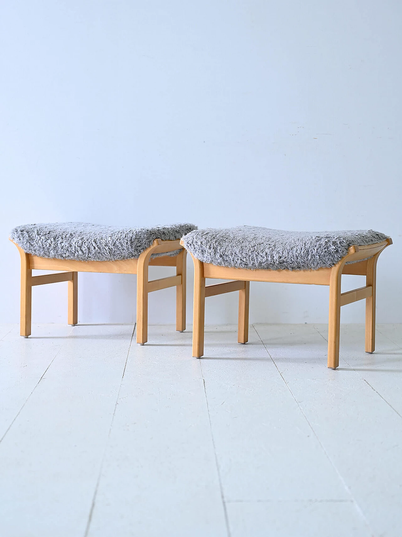 Pair of Scandinavian wood and long pile fabric stools, 1960s 3