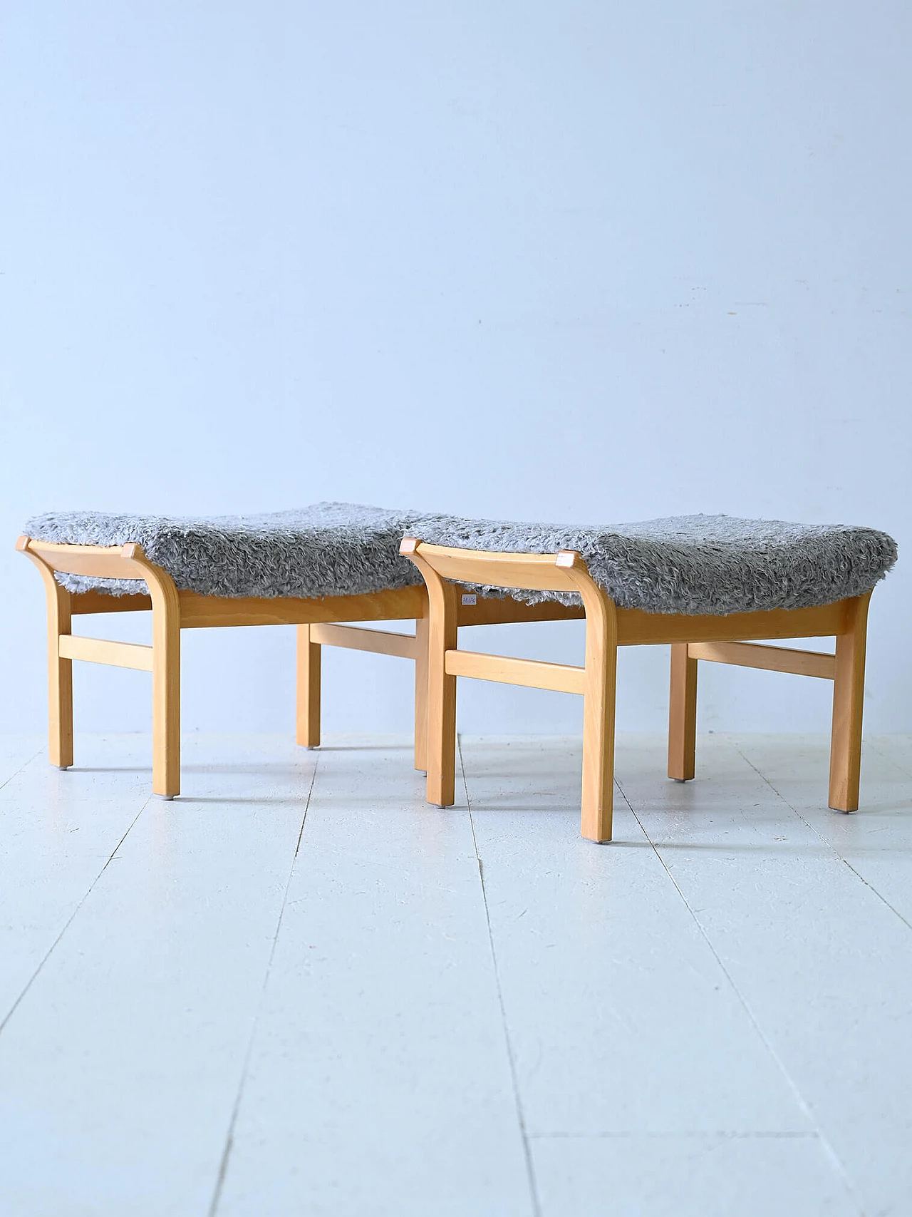 Pair of Scandinavian wood and long pile fabric stools, 1960s 4