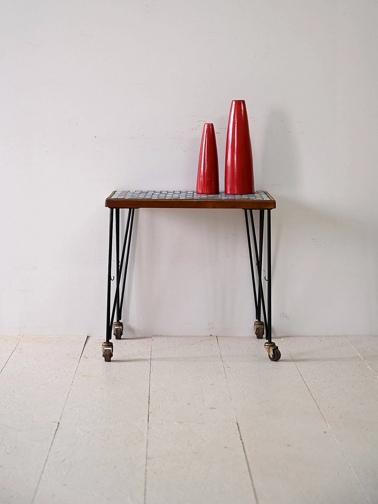 Scandinavian metal coffee table with casters and mosaic top, 1960s 1