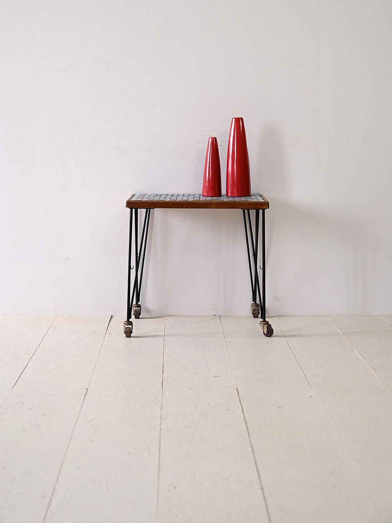 Scandinavian metal coffee table with casters and mosaic top, 1960s 2