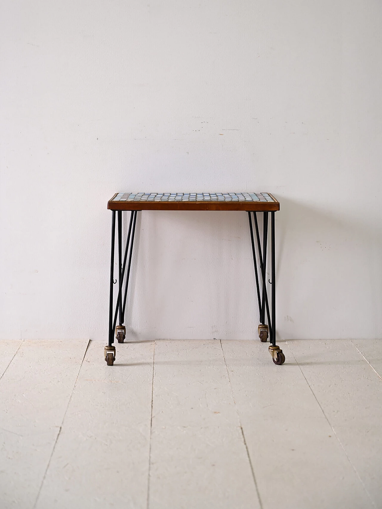 Scandinavian metal coffee table with casters and mosaic top, 1960s 3