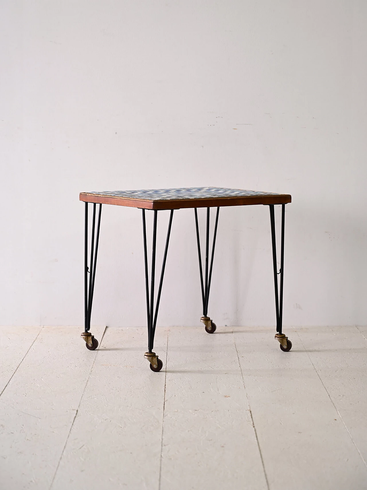 Scandinavian metal coffee table with casters and mosaic top, 1960s 4