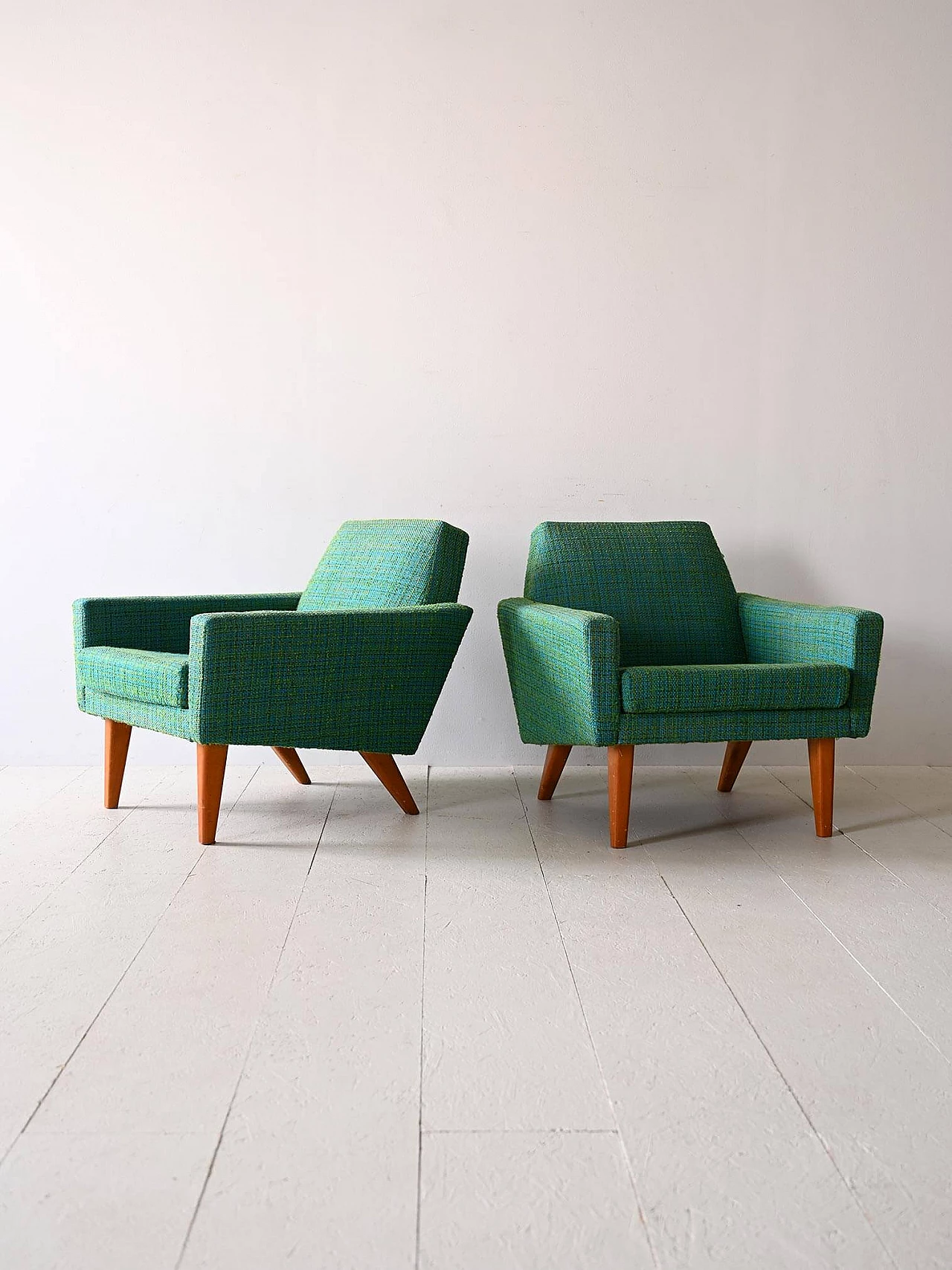 Pair of teak and green fabric armchairs, 1960s 1