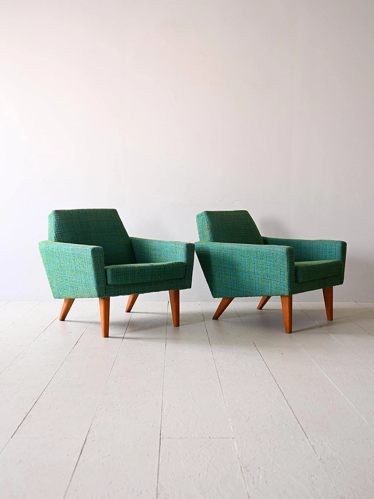 Pair of teak and green fabric armchairs, 1960s 2