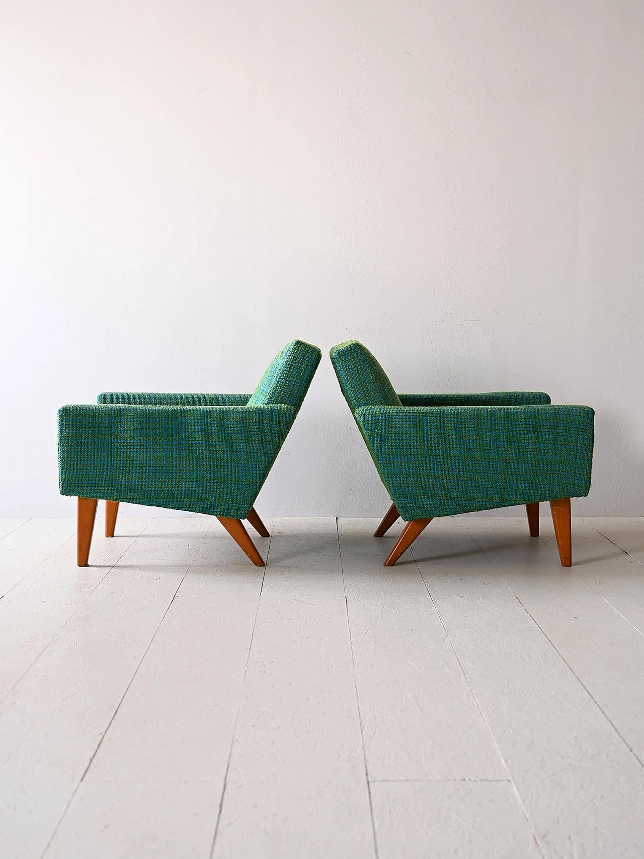 Pair of teak and green fabric armchairs, 1960s 3