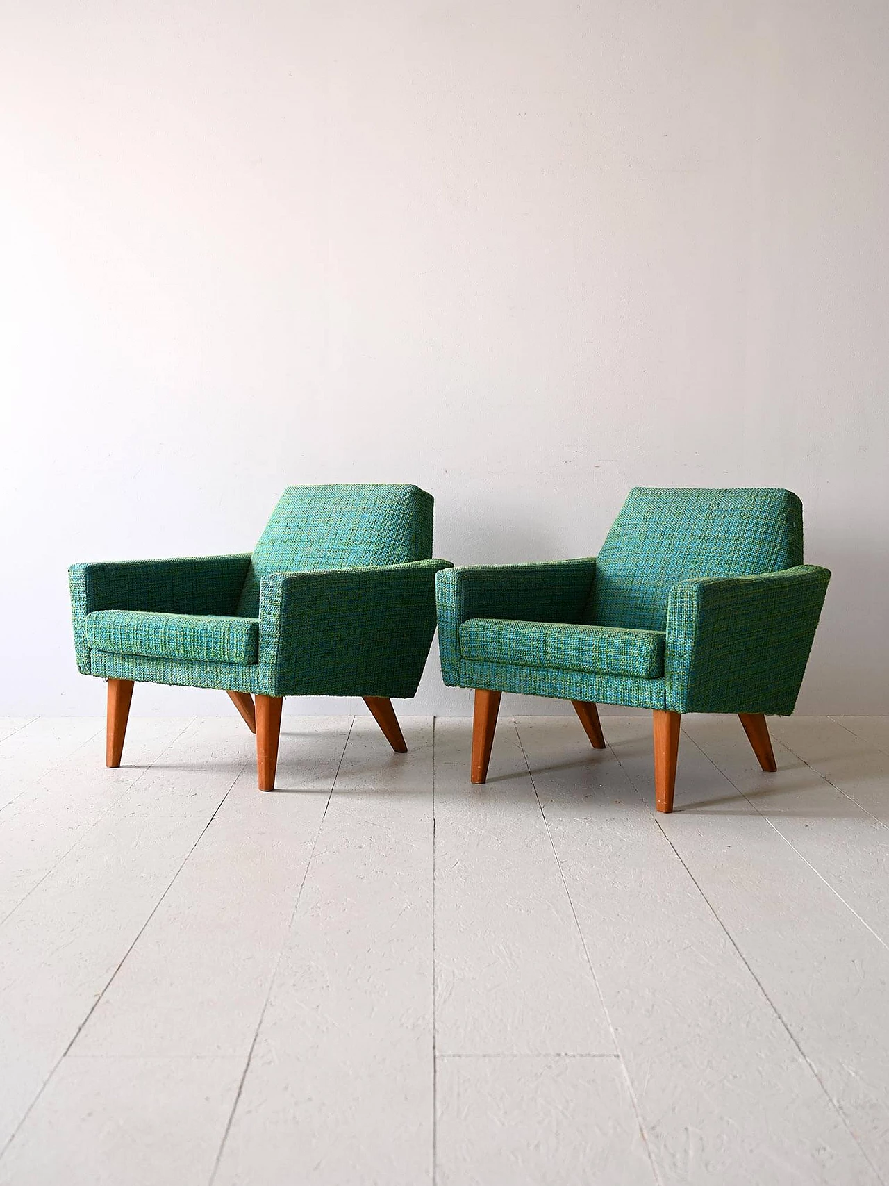 Pair of teak and green fabric armchairs, 1960s 5