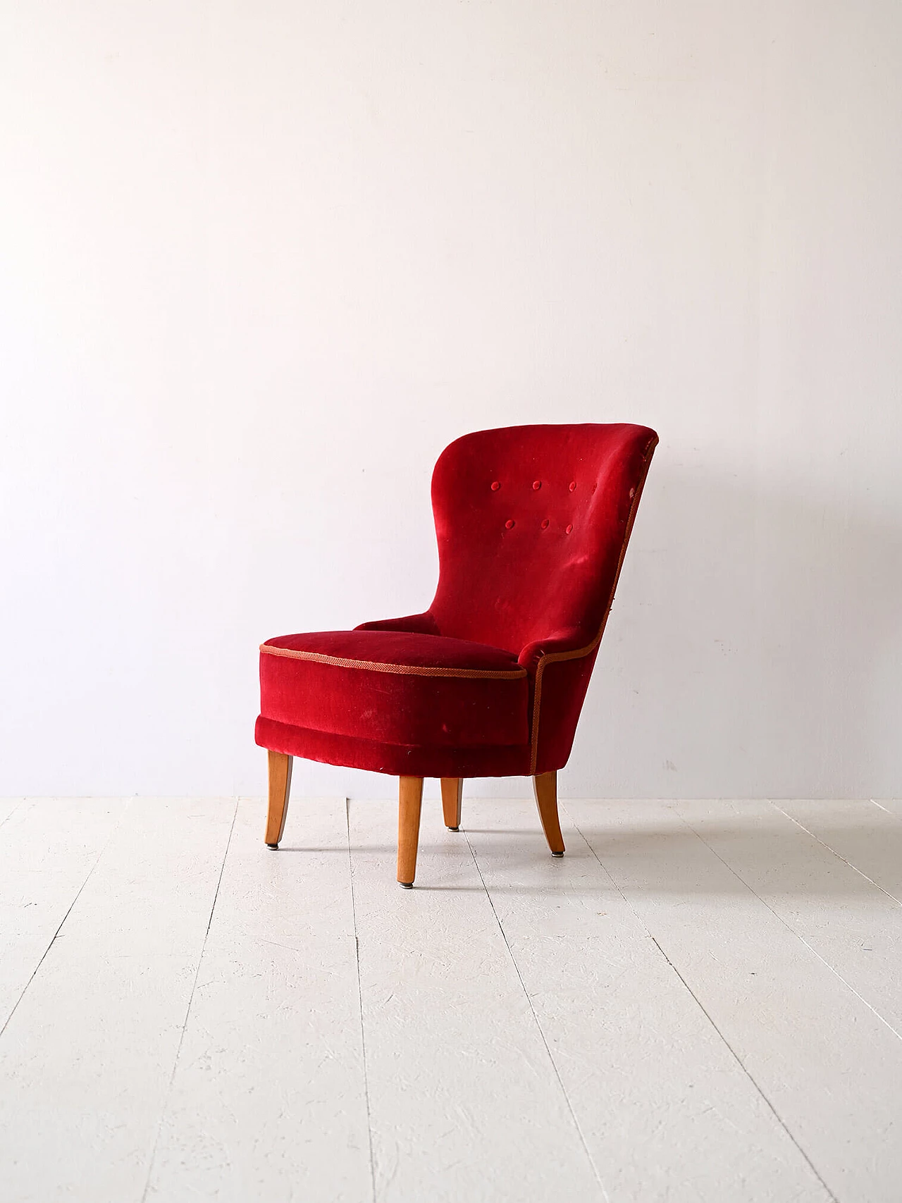 Scandinavian wood and red velvet armchair, 1940s 1