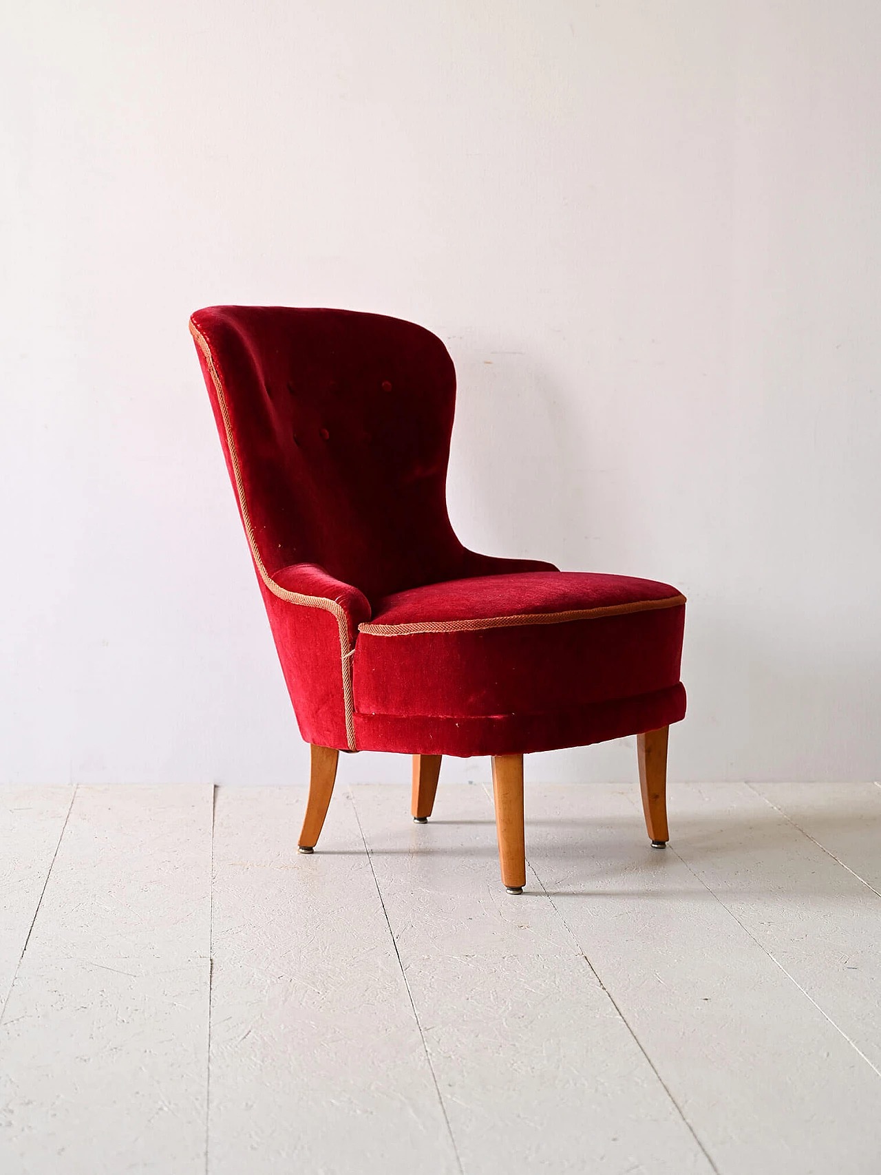 Scandinavian wood and red velvet armchair, 1940s 2