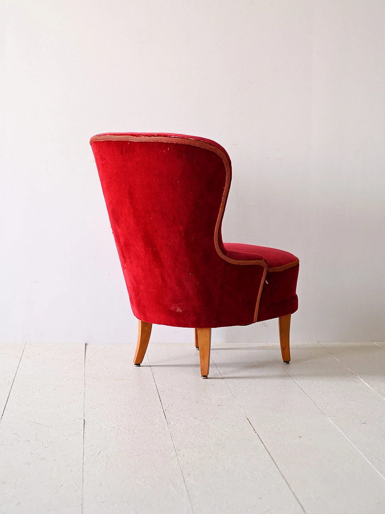 Scandinavian wood and red velvet armchair, 1940s 3