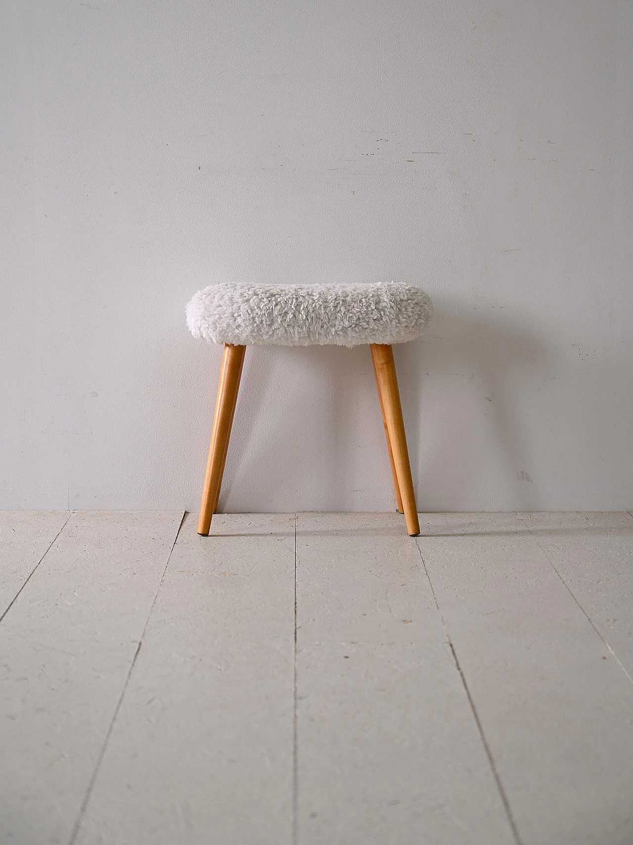 Scandinavian wood and long pile fabric stool, 1960s 1