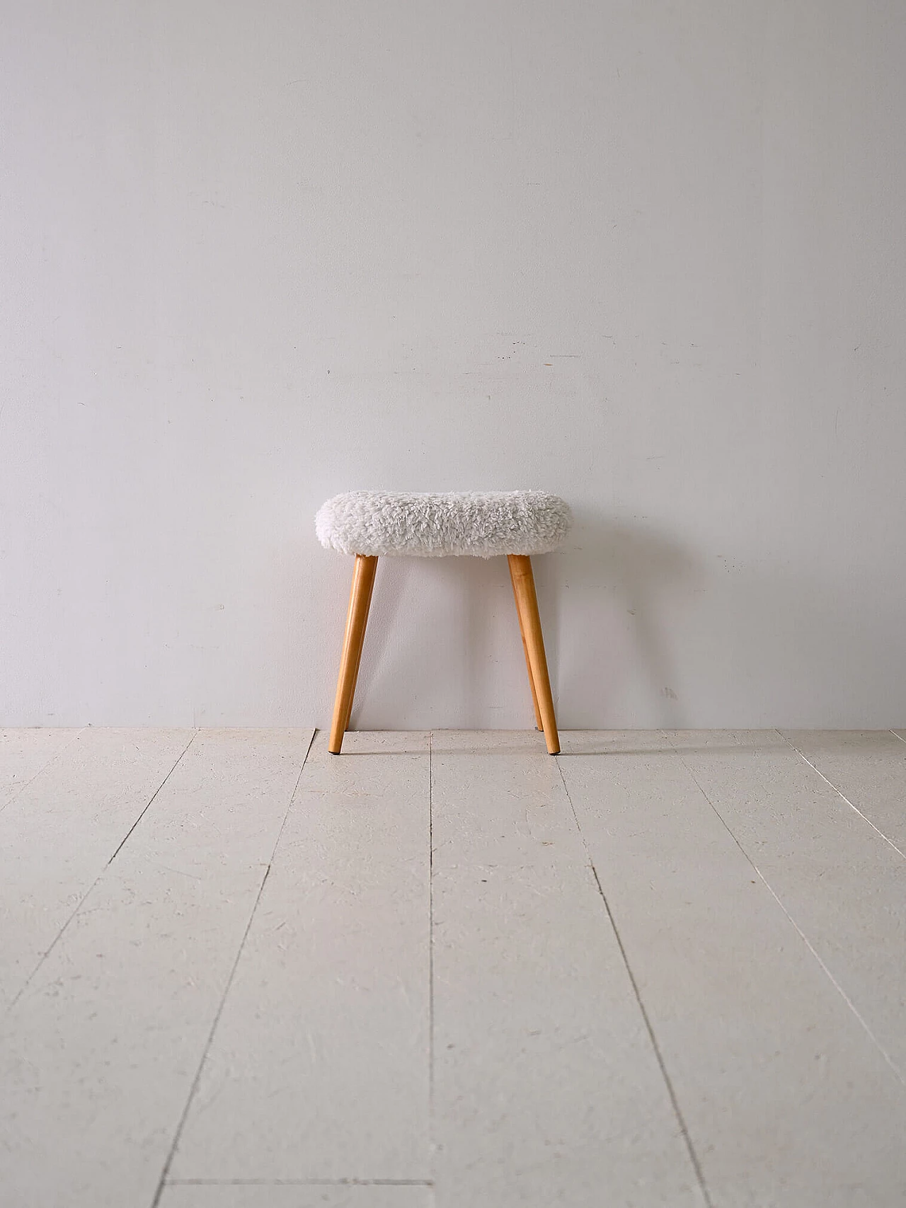 Scandinavian wood and long pile fabric stool, 1960s 2