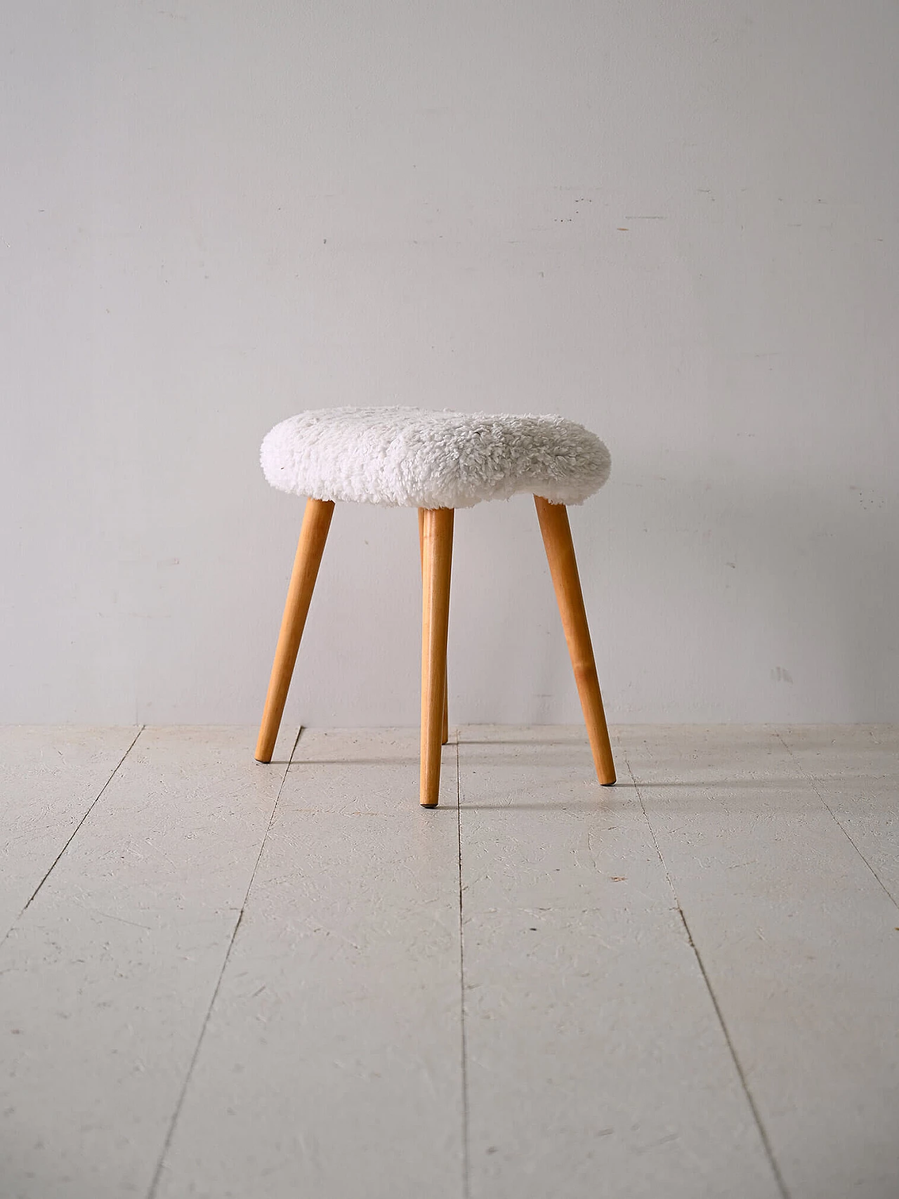 Scandinavian wood and long pile fabric stool, 1960s 3