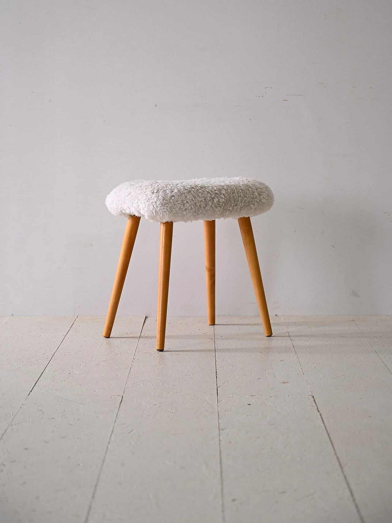 Scandinavian wood and long pile fabric stool, 1960s 4