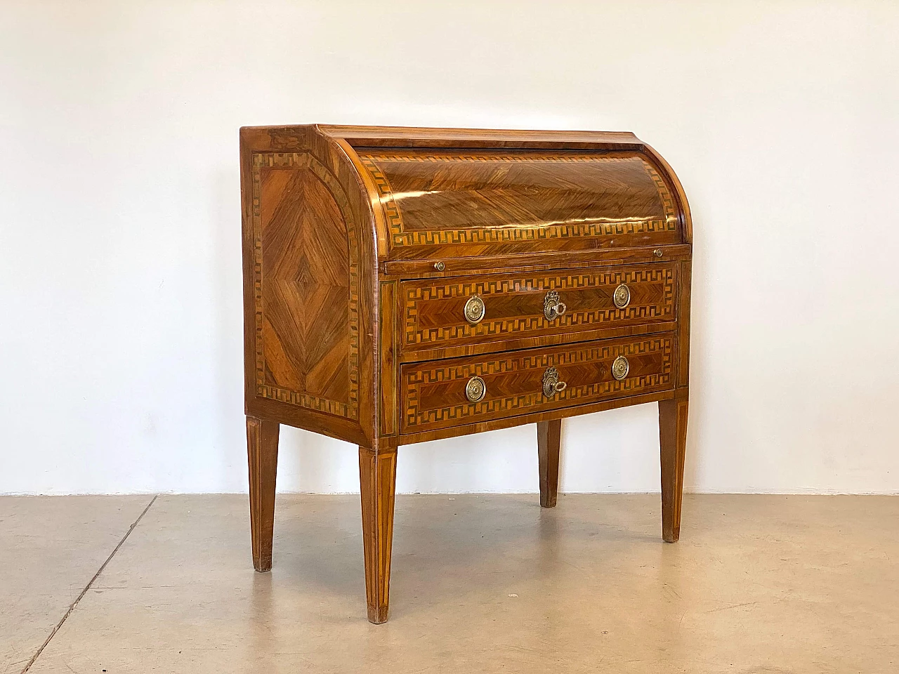 Louis XVI panelled and inlaid walnut roller writing desk, 18th century 1